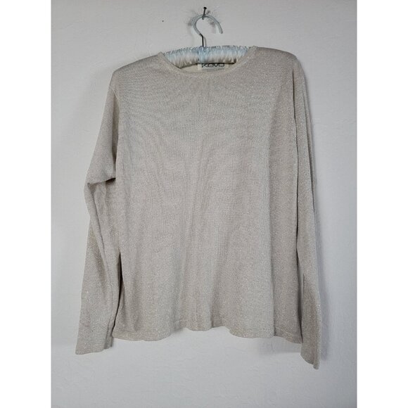 Kevo Womens Gray Silver Silk Metallic Knit Sweater Top Large Crew Neck Pullover - Picture 1 of 7
